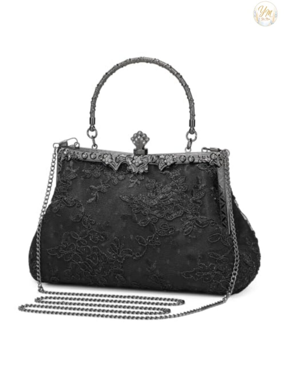 Lace Floral Evening Clutch with Metal Handle & Detachable Chain